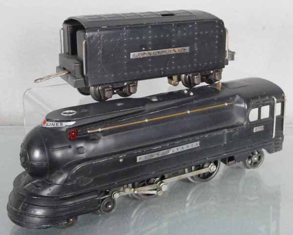 LIONEL 238 PRR LOCO & TENDER: O ga, black 238 loco, 2225W tender, orig boxes, loco box has insert, tender box incom, C8.