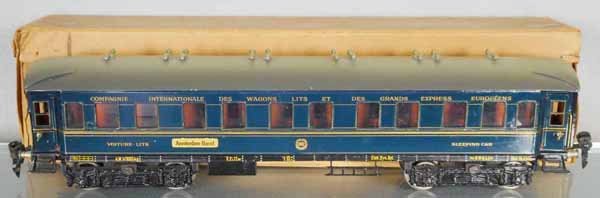 MARKLIN 19430J CIWL SLEEPER: O ga, handpainted tin, blue, 40cm, w/interior & people, orig box worn, C8.