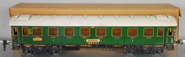 MARKLIN 19410 SWISS COACH: O ga, handpainted tin, green, 40cm, some paint cracks on roof, missing 1 "no smoking" sign, orig box worn, C6-7.