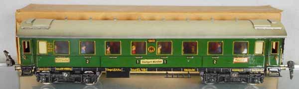 MARKLIN 19410/G COACH: O ga, handpainted tin, green, 40cm, w/interior & people, orig box minor wear, missing 1 flap, C8.