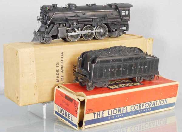 LIONEL 225E LOCO & TENDER: O ga, 225E loco, missing 3 jewel running lights, 2235W tender, w/postwar trucks, w/orig 726 & 2671W boxes, tender box worn & incom, C5-6.
