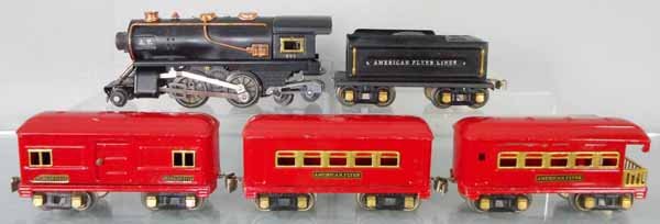 AMERICAN FLYER 301 TRAIN SET: O ga, 401 loco, 402 tender, 234 baggage, 235 Pullman, 236 obsv, orig boxes minor wear, orig set box worn, C6-7.