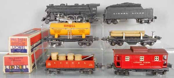 LIONEL TRAIN SET: O ga, 224E loco, 2224W tender, 2654 Shell tank, 3651 lumber car, 2652 gondola w/barrels, 2657 caboose, 2 orig boxes only, 1 rough, C5-6.