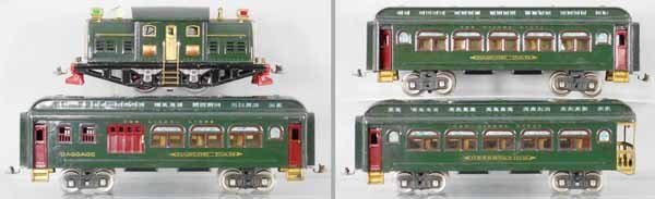 LIONEL TRAIN SET: std ga, 380E loco, roof dented, rewheeled, restored, 429 baggage, 428 parlor, 430 obsv, cars have scratches, some touch up, C6-7.