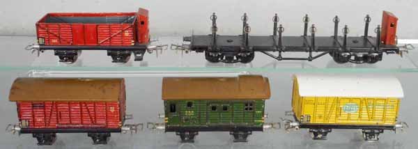 5 MARKLIN FREIGHT CARS: HO ga, ca 1945, 365 gondola, 392 stake, 381 box car, 390 baggage, 382 banana van, C5-6.