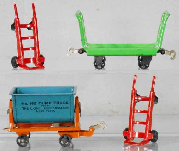 LIONEL 163 BAGGAGE SET: O ga, 2 #157 hand trucks, 161 baggage truck, 162 dump truck, C6.