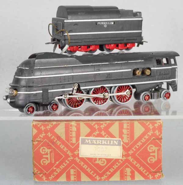 MARKLIN SK800 LOCO & TENDER: HO ga, ca 1947, w/cast handrails, orig box minor wear & labeled 3007, C7-8.
