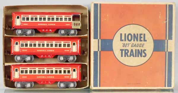 LIONEL 1060 PASSENGER CAR SET: O ga, 2 #1690 Pullmans, 1691 obsv, orig set box worn & taped, C8.