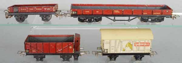 4 MARKLIN FREIGHT CARS: HO ga, ca 1941-45, 364, 391 & 365 gondolas, 388 Gambrinus, C5-6.