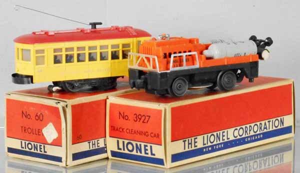 2 LIONEL MOTORIZED UNITS: O ga, 60 trolley, blue lettering worn, 3927 track cleaning car, orig boxes minor wear, C6-7.