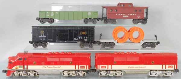 LIONEL 1517W TRAIN SET: O ga, 2245 Texas Special AB diesels, B unit has 4 small touch up spots on stripe, box rub on all ventilator fans, 6464-225 SP box car, 6561 cable reel car, 6462 gondola, 6427 caboose, oxidation spots