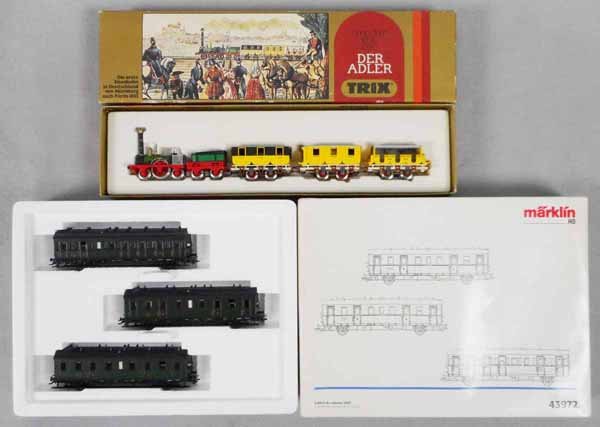 MARKLIN & TRIX TRAIN LOT: HO ga, Trix 52-1200 Adler set, 2-rail, Marklin 43972 French 3-car set, orig boxes minor wear, C9.