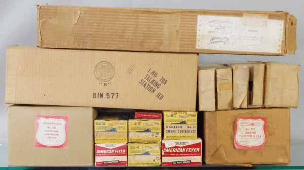 AMERICAN FLYER EMPTY ORIG BOXES: S ga, 551, 23025, 24523, 589, 25, 971, 911, 775, 715, 916, 2 unmarked, 1 used as mailer, worn from use & age, C3-6.