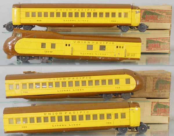 LIONEL CITY OF PORTLAND TRAIN SET: O ga, 752W loco, 2 #753 Pullmans, 754 obsv, w/die cast belly warp, orig boxes, 1 worn, C5.