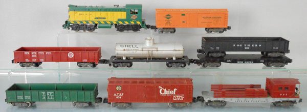 AMERICAN FLYER TRAIN SET: S ga, 355 NW switcher, has screw crack, 802 IC box car, 24110, 931 & 920 gondolas, 24539 NH flat car, 803 SF box car, 625 Shell tank, 945 work caboose, C5-6.