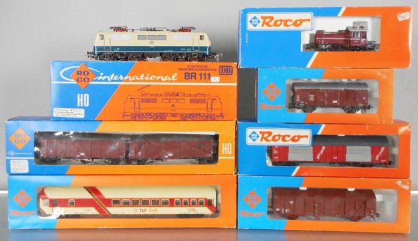 2 ROCO TRAIN SETS: HO ga, 2-rail, 4133A electric loco, 43477 diesel loco w/4226A coach & 4328, 46273, 46042 & 44324A freight cars, orig boxes & inserts minor wear, C8-9.