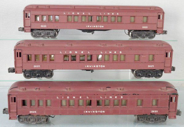 3 LIONEL 2625 IRVINGTON CARS: O ga, window inserts curling, C7-8.