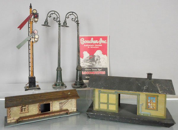 LIONEL & IVES ACCESSORIES: std ga, Lionel 66 semaphore, 2 #61 lamp posts, Bing freight station, Boucher catalog, Ives freight station, C5-6.