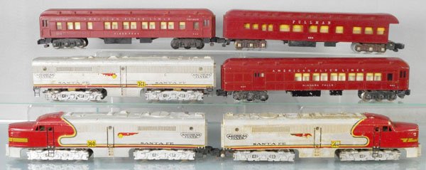 AMERICAN FLYER TRAIN SET: S ga, 2 #360 Santa Fe A units, decals worn, 1 has a nose crack, horns missing, 361 B unit, missing couplers & 2 ventilators, 953 combine, 952 Pullman, 654 obsv, missing rear fence, locos have mildew, 