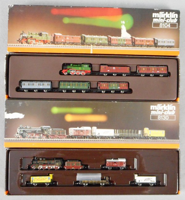 2 MARKLIN MINI CLUB TRAIN SETS: Z ga, 8130 loco & tender w/4 freight cars, 8104 loco w/5 passenger cars, orig boxes minor wear, C9-10.
