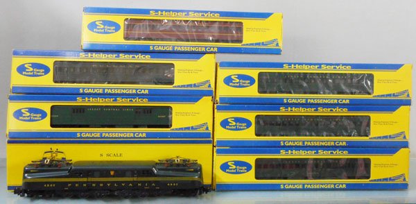 AMERICAN MODELS TRAIN SET: S ga, 4907 PRR GG1, DC, w/S-Helper Cars, 4 NJ, 2 Pullmans, orig boxes minor wear, C8-9.