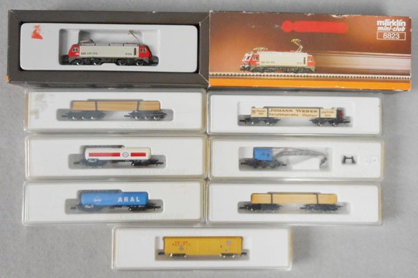 MARKLIN MINI CLUB TRAIN SET: Z ga, 8823 loco w/freight cars 2 #8619, 8621, 8626, 8627, 8641, Museum 1991, orig boxes & inserts, C9-10.