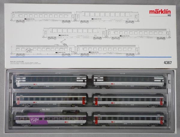 MARKLIN 4367 SWISS EUROCITY CAR SET: HO ga, orig set box & insert, C9-10.