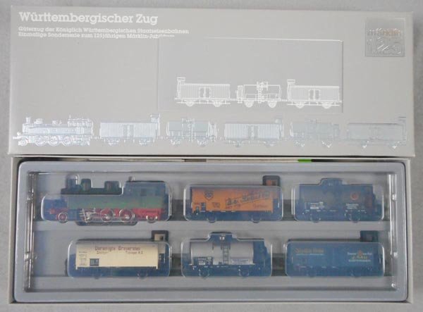 MARKLIN 2857 ANNIVERSARY TRAIN SET: HO ga, tank loco w/5 freight cars, orig set box & insert, C9-10.