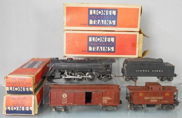 LIONEL TRAIN SET: O ga, 224E loco, missing 1 jewel, 2224W tender, 2758 box car, die cast doors & end plates warping, 1 incorrect truck, 2757 caboose, orig boxes rough, C4-5.