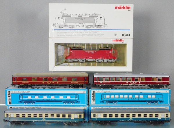MARKLIN TRAIN SET: HO ga, 83443 electric loco w/coaches 4064, 2 #4112, 4188, orig boxes & inserts minor wear, loco insert broken, C8-9.