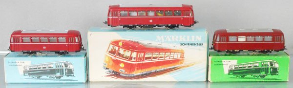 3 MARKLIN RAILBUSES: HO ga, 3016 powered w/2 #4018 trailers, orig boxes & insert minor wear, C9.