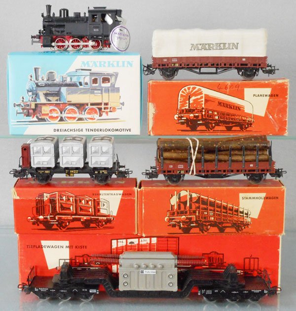 MARKLIN TRAIN SET: HO ga, 3029 tank loco, 6-wheeled, w/freight cars 4618, 313/2H, 4614, 313/3, orig boxes & insert, car boxes minor wear to rough, C8-9.