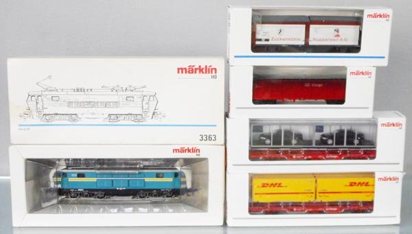 MARKLIN TRAIN SET: HO ga, 3363 electric loco w/freight cars 94226, 94275, 4833, 46903, orig boxes & inserts minor wear, C9.