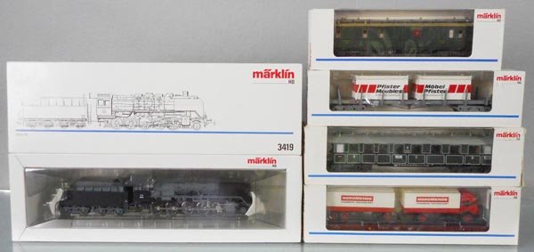MARKLIN TRAIN SET: HO ga, 3419 loco & tender w/cars 4668, 4229, 41361, 4743, orig boxes & inserts minor wear, C9.