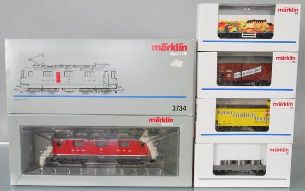 MARKLIN TRAIN SET: HO ga, 3734 electric loco w/box cars 94162, 4890 & 2 unnumbered, orig boxes & inserts, C9.