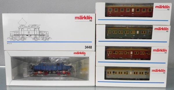 MARKLIN BAVARIAN TRAIN SET: HOga, 3448 crocodile loco, blue, w/coaches 4210, 4211, 4213, 4214, orig boxes & inserts, C9.