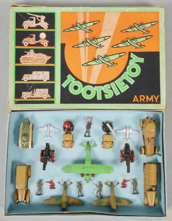TOOTSIETOY 5220 ARMY SET: 4647 tank, 2 Midget airplanes, 4644 searchlight, 4643 AA gun, 4635 armored car, 4634 supply car, 2 #119 airplanes, 809 ambulance, 718 biplane, 2 #4642 cannons, shields repaired, w/7 soldiers, all vehi