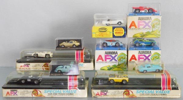 AURORA SLOT CARS: AFX 1757 Porsche 917, 1761 Pinto, 1763 Ferrari, 1767 Lola T-260, 1768 Shadow, 1769 Bronco, 63 Corvette Thunder Jet, 1544 Thunderbird, Bachmann 9110 Chaparall, 9114 Corvette, orig boxes minor wear, C8-