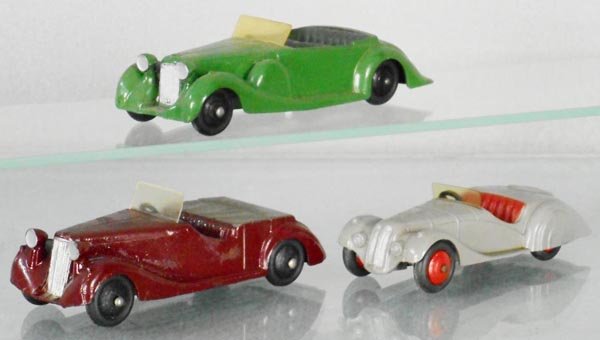 3 DINKY AUTOS: 38C Lagonda, windshield yellowed, 38B Sunbeam Talbot, touch up on 1 fender, 38A Frazer-Nash, windshield yellowed, base rusting, C5.
