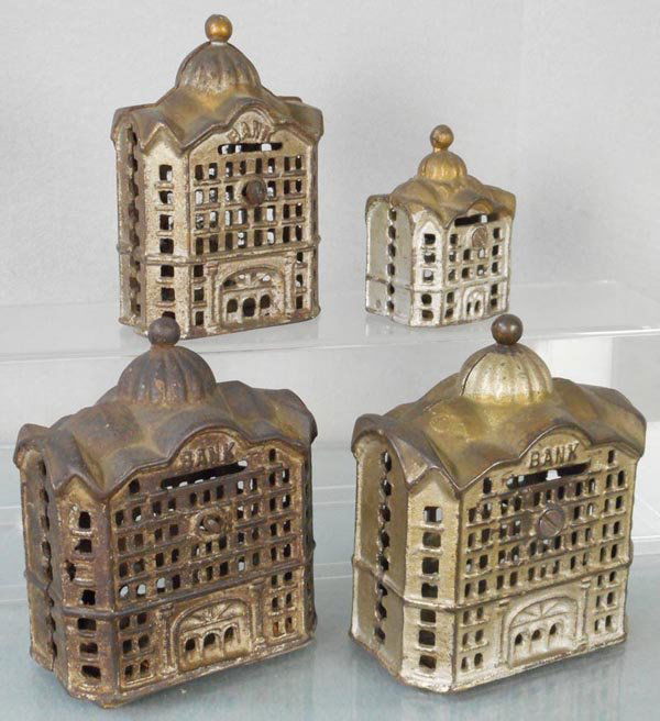 4 AC WILLIAMS DOMED BANKS: painted cast iron, 3 are 4 3/4” tall, 3” tall, C3-5.