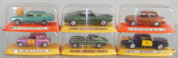 6 PILEN AUTOS: 297 Mercedes, 529 Chrysler, 283 Renault, 519 Volvo, 300 Chevy Corvette, 323 Javelin, orig boxes, C7-9.