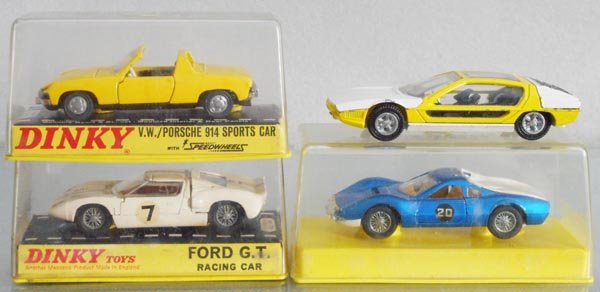 4 DINKY SPORTS CARS: 208 VW/Porsche 914, 215 Ford GT, 189 Lamborghini Marzal, 216 Dino Ferrari, 3 orig boxes only, 2 inserts only, C7-8.