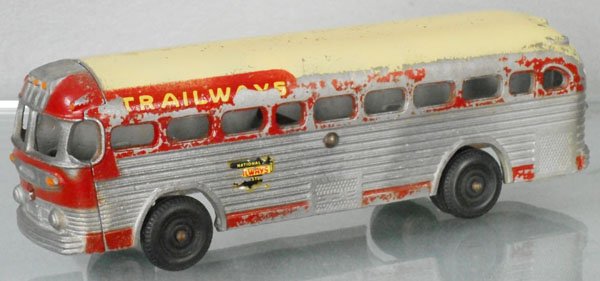 DUBUQUE TOY CO TRAILWAYS BUS: slush, heavy playwear, black rubber tires, some rust on axles, C2-3.