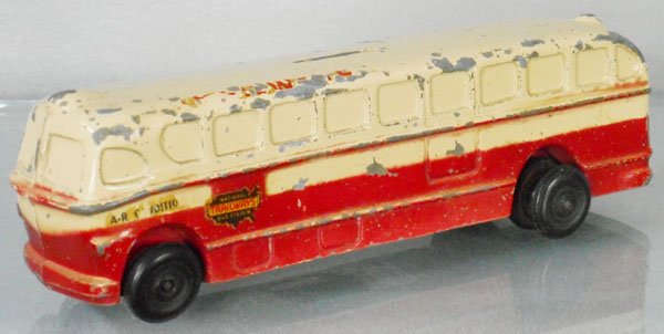 ADVANCE PRODUCTS TRAILWAYS BUS: slush, black rubber tires, heavy paint & decal wear, missing trap, C4.