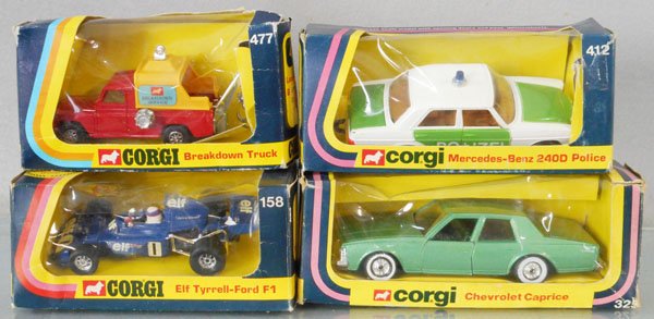 4 CORGI VEHICLES: 412 Mercedes Benz Police, 325 Chevy Caprice, 158 Elf Tyrrell Ford F1, 477 Breakdown Truck, orig boxes worn or rough, C7-9.