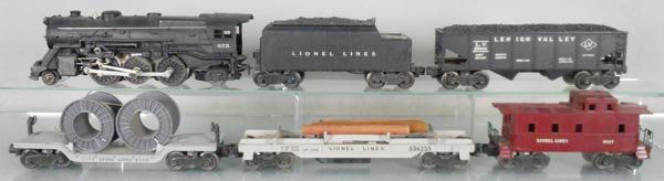 LIONEL TRAIN SET: O ga, 675 loco, 6466WX tender, 6456 hopper, 6561 cable reel car, 3361 lumber car, 6017 caboose, C6-7.