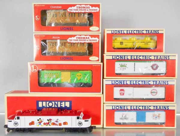 LIONEL TRAIN SET: O ga, 18311 Disney loco w/horn, w/cars 16793, 15118, 15117, 16123, 16807, 19531, 19539, orig boxes & inserts, C9-10.