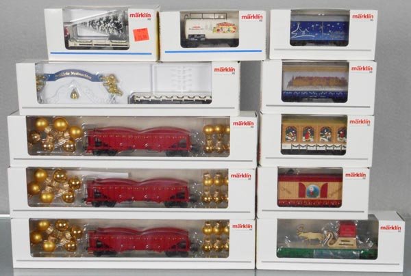 MARKLIN CHRISTMAS CARS: HO ga, 3 #48411, 48406, 48414, 48399, 48412, 94352, 94045, 48407, 48410, orig boxes & inserts, C9-10.