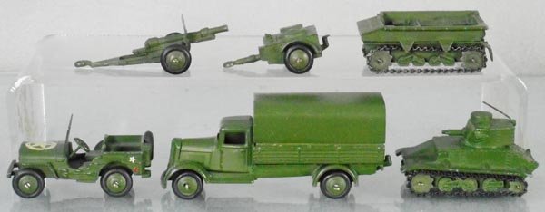 DINKY MILITARY VEHICLES: 153 Jeep, tires cracking, 162a, 162b & 162c light Dragon tractor w/trailer & gun, 152a light tank, w/customized & repainted covered wagon, C6-8.