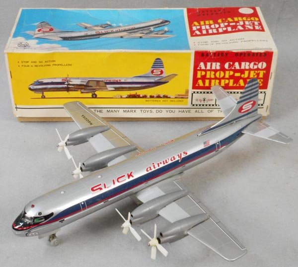 MARX J4926 AIR CARGO PROP-JET AIRPLANE: Slick Airways, litho tin & plastic, battery operated, working, 14” wingspan, orig box & insert minor wear, C8.
